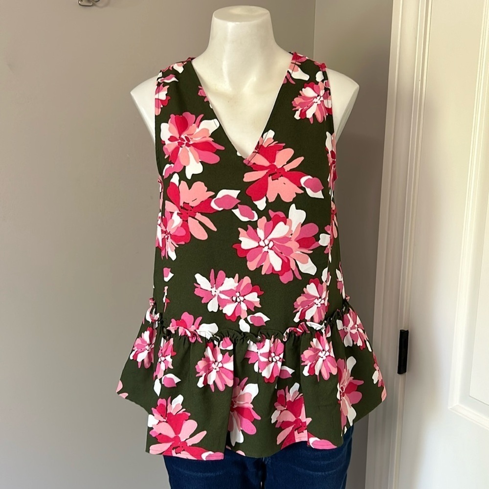 JASON WU Floral Woven Peplum Sleeveless Tank Blouse Vneck Green Pink Sz XXS NEW